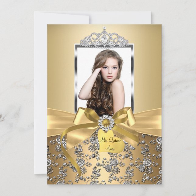 Invitation Jolie Bow or et Rose d'argent Photo Quinceanera (Devant)