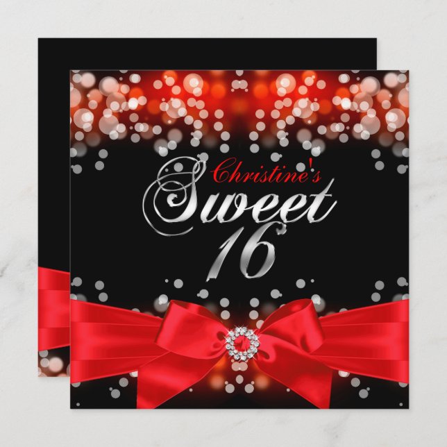 Invitation Jolie Bow rouge et Sweet sixteen étincelant Invita (Devant / Derrière)