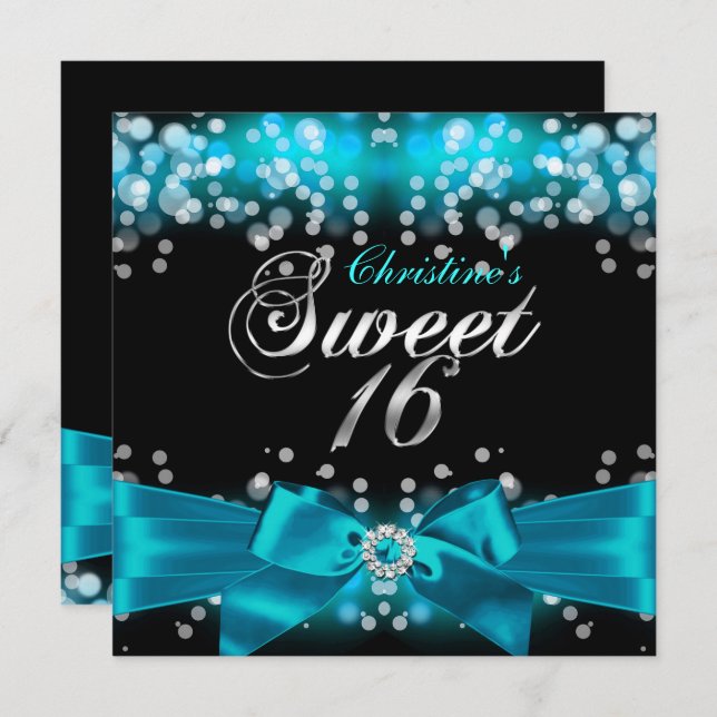 Invitation Jolie Bow Turquoise et Sparkle Sweet sixteen Invit (Devant / Derrière)