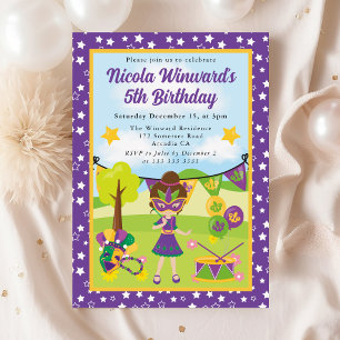 Invitation Jolie Brune Fille de Mardi Gras Anniversaire Enfan