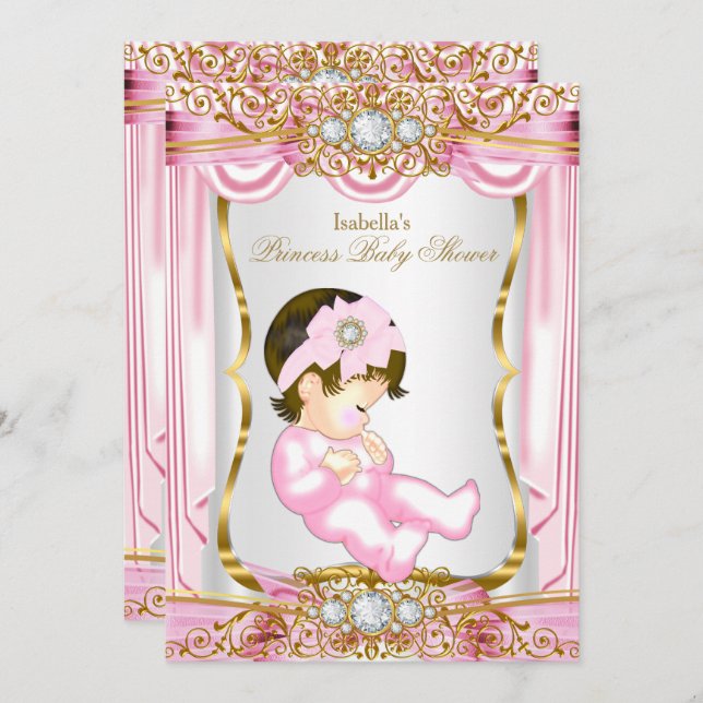 Invitation Jolie Brunette Princess Baby shower Soie rose (Devant / Derrière)