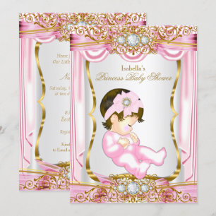 Invitation Jolie Brunette Princess Baby shower Soie rose