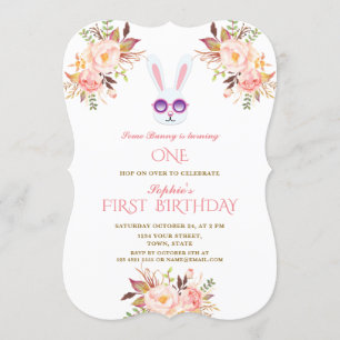 Invitation Jolie Bunny Pink Fleurs Blush Fille 1er anniversai