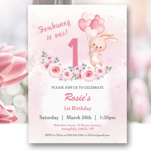 Invitation Jolie Bunny rose 1er anniversaire fille Floral (Cute Bunny Pink 1st Birthday Girl Floral Invitation)