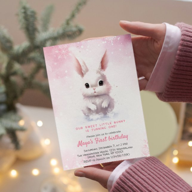 Invitation Jolie Bunny rose hiver Personnalisé fête d'anniver (Créateur téléchargé)