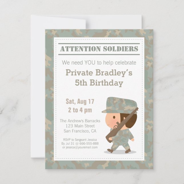 Invitation Jolie Camouflage Imprimé Militaire Fête d'Annivers (Devant)