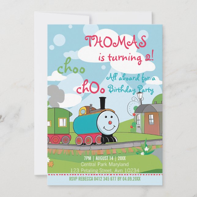 Invitation Jolie Cartoon Enfants Vibrant Couleur Train Annive (Devant)