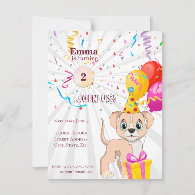 Invitation Jolie chiot Personnalisé Anniversaire Fille (Devant)