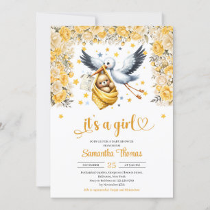 Invitation Jolie cigogne et bébé fleurs jaunes fille baby sho