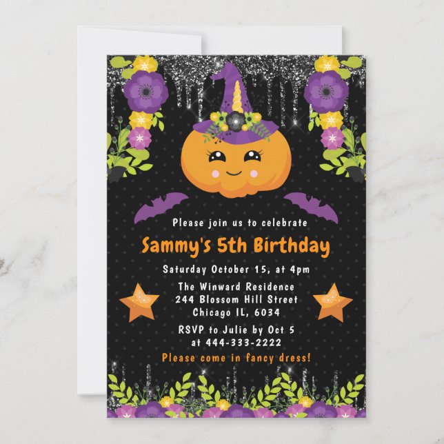 Invitation Jolie Citrouille Florale Fête d'anniversaire Hallo (Devant)