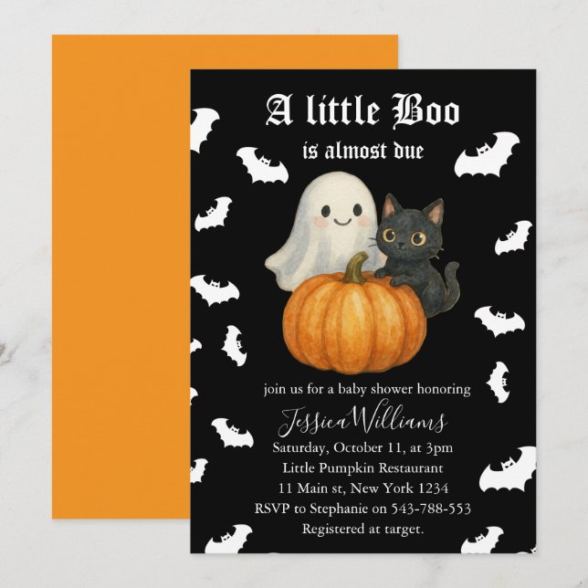 Invitation Jolie Citrouille Orange Chat Chauve-Souris Hallowe (Devant / Derrière)