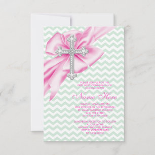 Invitation Jolie communion rose et vert Chevron