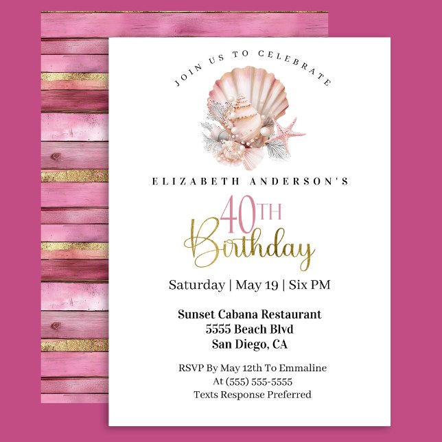Invitation Jolie Coquillage Rose et Perles 40e Anniversaire (Créateur téléchargé)