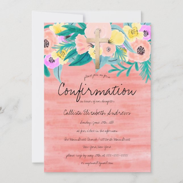 Invitation Jolie Corail Jaune Aquarelle Florale Confirmation (Devant)