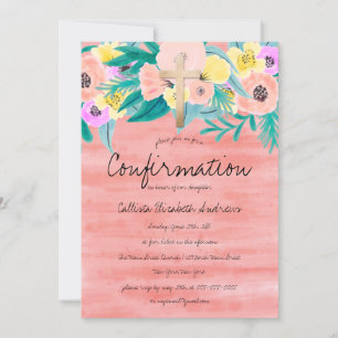 Invitation Jolie Corail Jaune Aquarelle Florale Confirmation