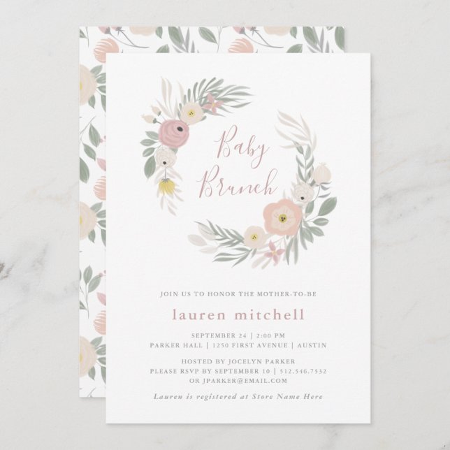 Invitation Jolie couronne de fleurs roses | Brunch pour bébé (Devant / Derrière)