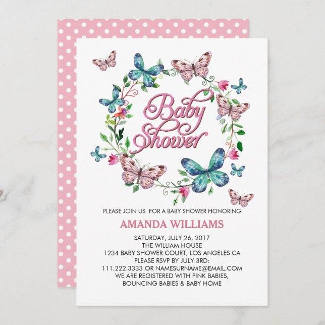 Invitation Jolie couronne de printemps et BABY SHOWER papillo (Devant / Derrière)