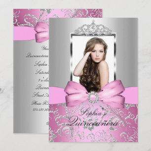 Invitation Jolie Couronne et Diadème Argent Rose Quinceanera