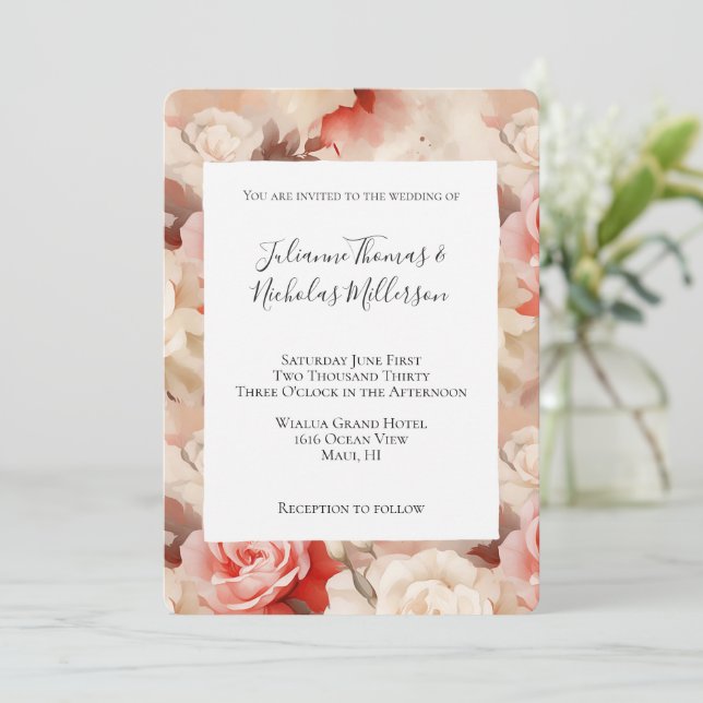 Invitation Jolie crème rose Rose Floral Mariage (Debout devant)