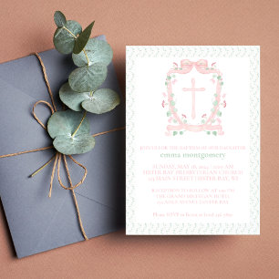 Invitation Jolie crête et croix roses Baptême floral