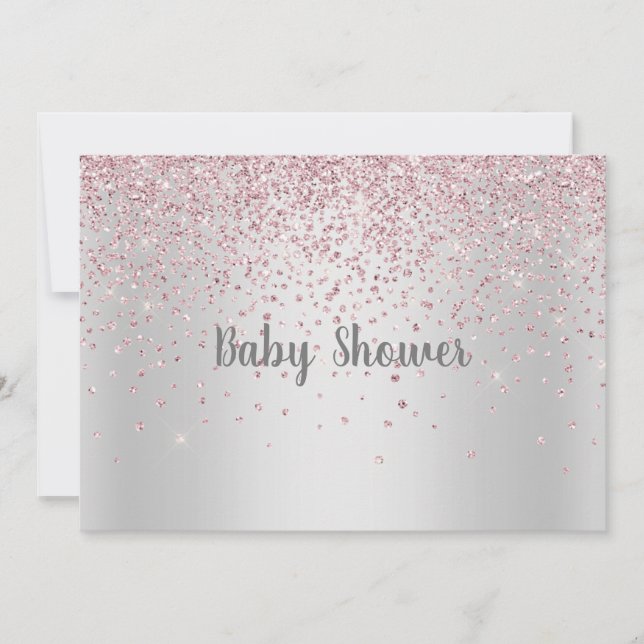 INVITATION JOLIE CRISTAL BABY SHOWER MODERNE EN ARGENT ROSE (Devant)