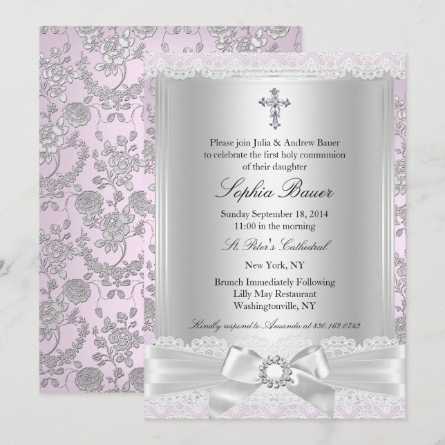 Invitation Jolie Croix à Ruban Première Communion Violet (Devant / Derrière)