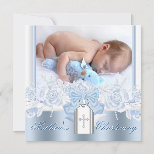 Invitation Jolie croix blanche bébé bleu baptême (Devant)