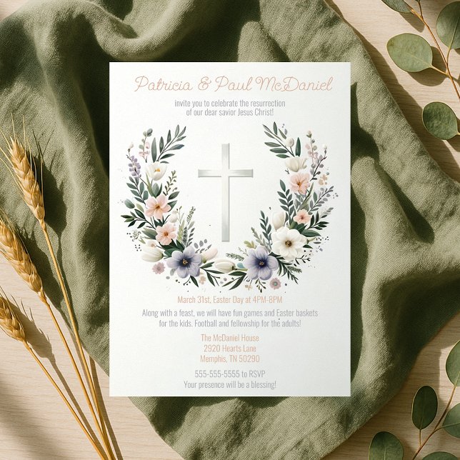 Invitation Jolie Croix du christianisme floral Fête de Pâques (Pretty Floral Christianity Cross Easter Party Invitation
)