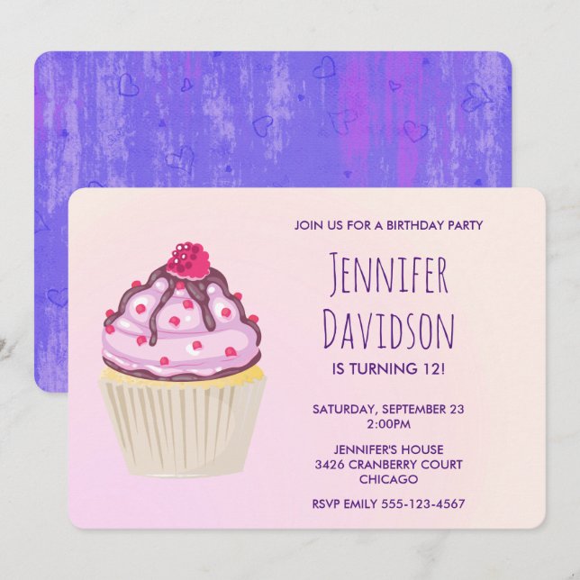 Invitation Jolie Cupcake avec Framboise sur le Dessus (Devant / Derrière)