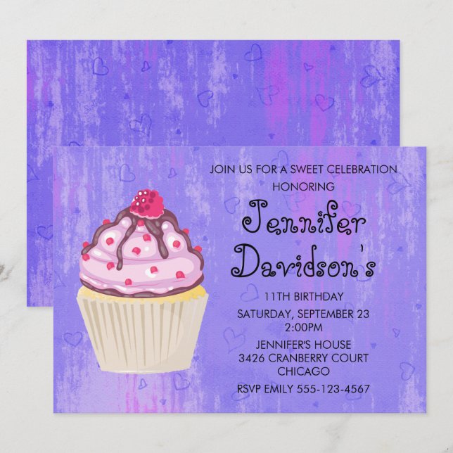 Invitation Jolie Cupcake avec Framboise sur le Dessus (Devant / Derrière)