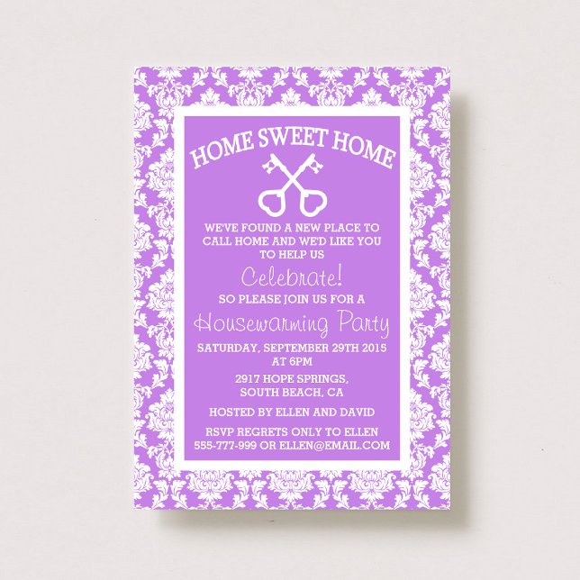 Invitation Jolie Damask Violet Maison Douce Maison Pendaison  (Créateur téléchargé)