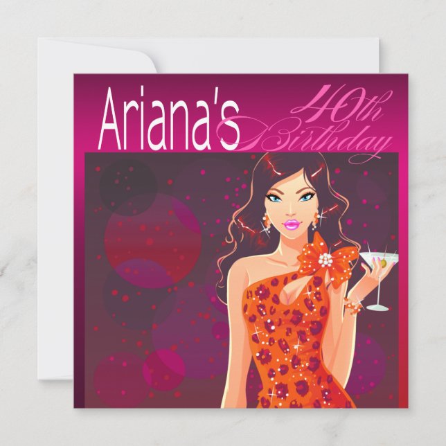Invitation Jolie dame Anniversaire Cocktail fuschia/orange (Devant)