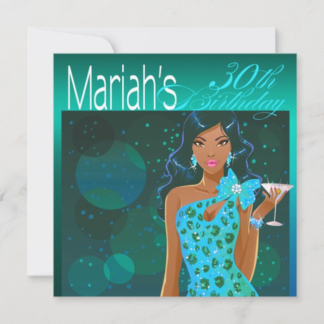 Invitation Jolie dame Anniversaire Cocktail Party turquoise/a (Devant)