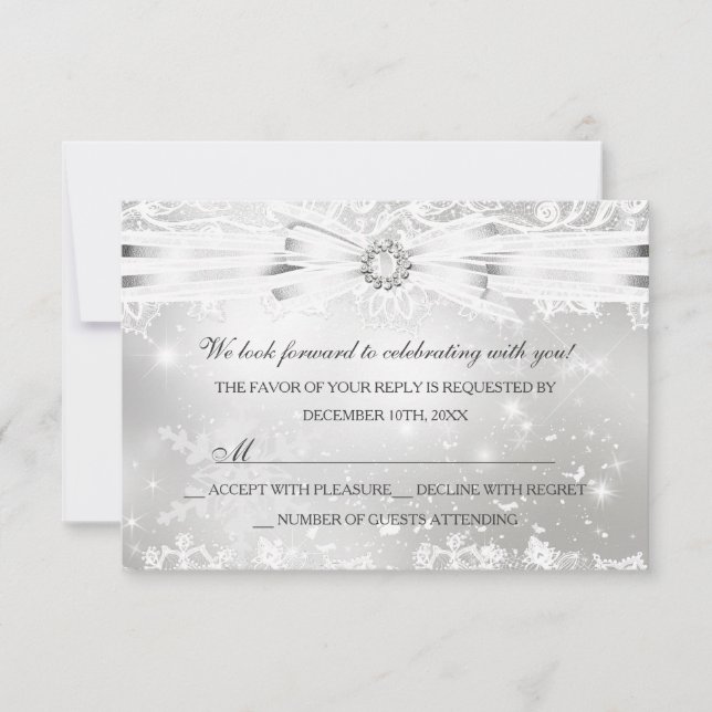 Invitation Jolie dentelle & Bow Silver Christmas Holiday RSVP (Devant)