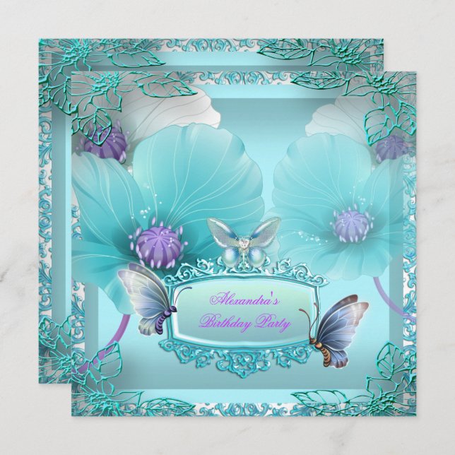 Invitation Jolie dentelle de papillon pourpre Turquoise Anniv (Devant / Derrière)