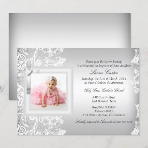 Invitation Jolie dentelle et croix argentée baptême