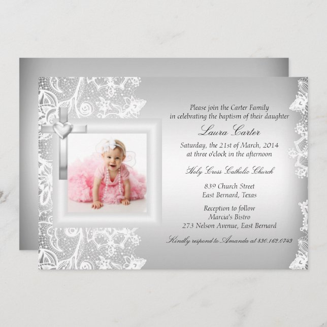 Invitation Jolie dentelle et croix Baptême d'argent / Christe (Devant / Derrière)