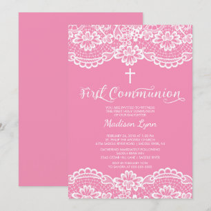 Invitation Jolie dentelle rose Première Communion