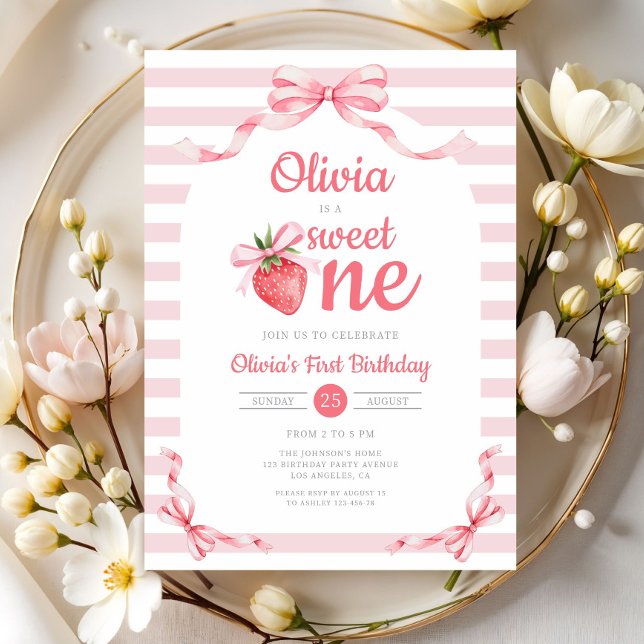 Invitation Jolie Douce Fille à la Fraise 1er Anniversaire (Cute Sweet One Strawberry Girl 1st Birthday Invitation)
