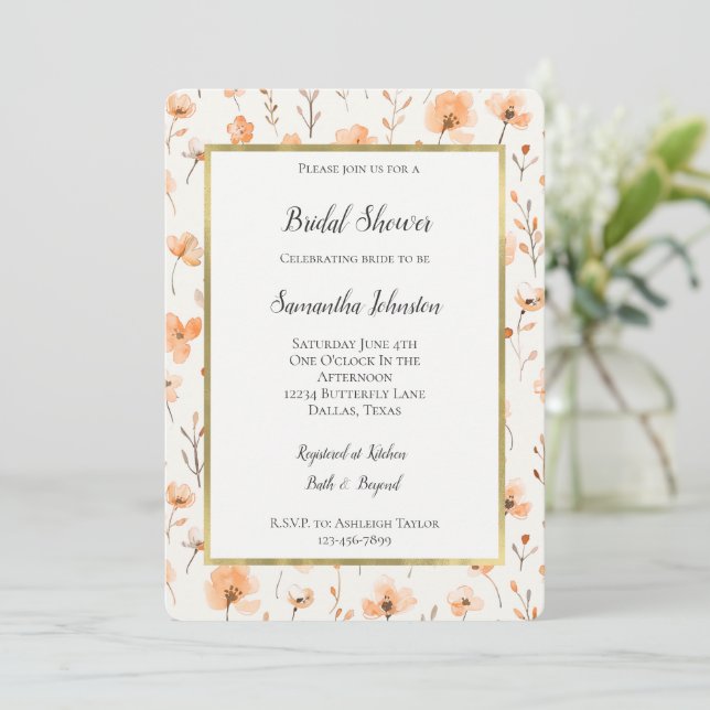 Invitation Jolie douche de mariée florale pêche (Debout devant)