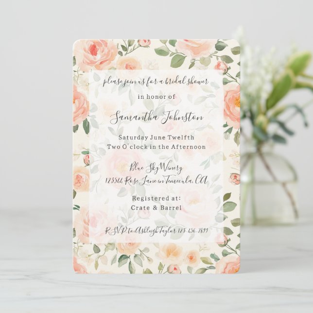 Invitation Jolie douche de mariée florale pêche (Debout devant)