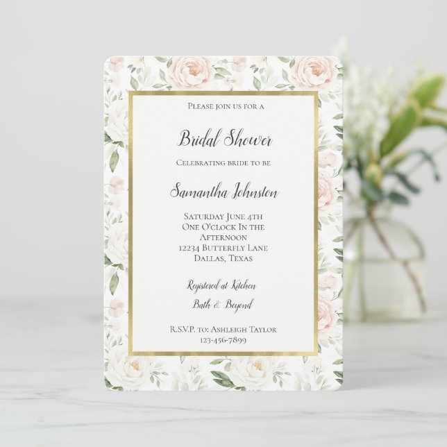 Invitation Jolie douche de mariée florale rose blush (Debout devant)