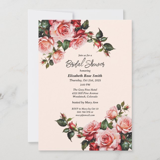 Invitation Jolie douche de mariée rose et rouge roses (Devant)