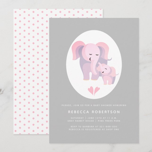 Invitation Jolie douche d'éléphant rose mère et bébé fille (Devant / Derrière)
