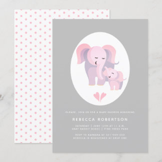Invitation Jolie douche d'éléphant rose mère et bébé fille