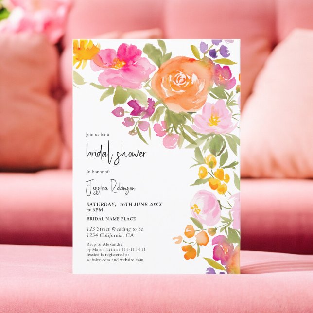 Invitation Jolie douche nuptiale fleurie estivale rose rose (Pretty romantic pink summer floral bridal shower invitation)