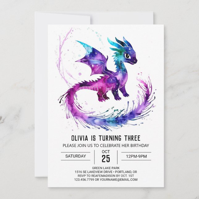 Invitation Jolie Dragon Peint Digital Girl Anniversaire (Devant)