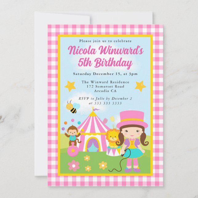 Invitation Jolie dresseuse brune de cirque pour anniversaire  (Devant)