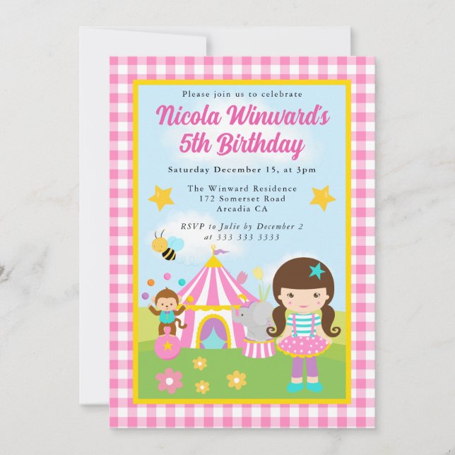 Invitation Jolie dresseuse brune de cirque pour anniversaire  (Devant)