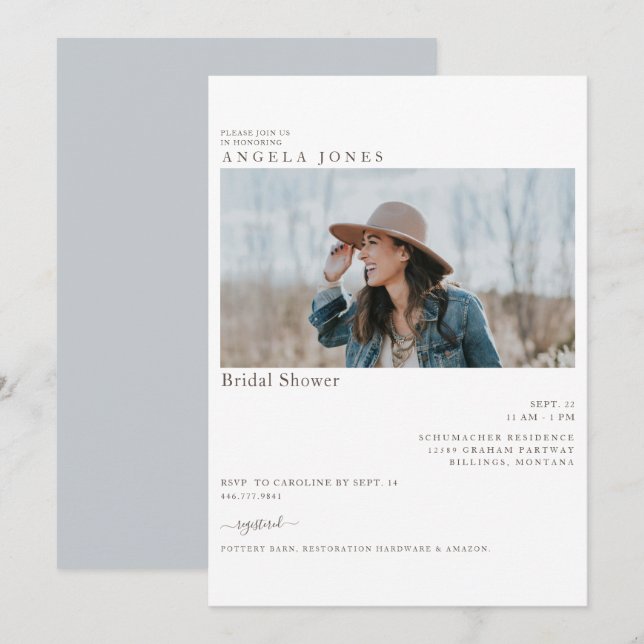 Invitation Jolie Dusty Blue Fête des mariées photo moderne (Devant / Derrière)